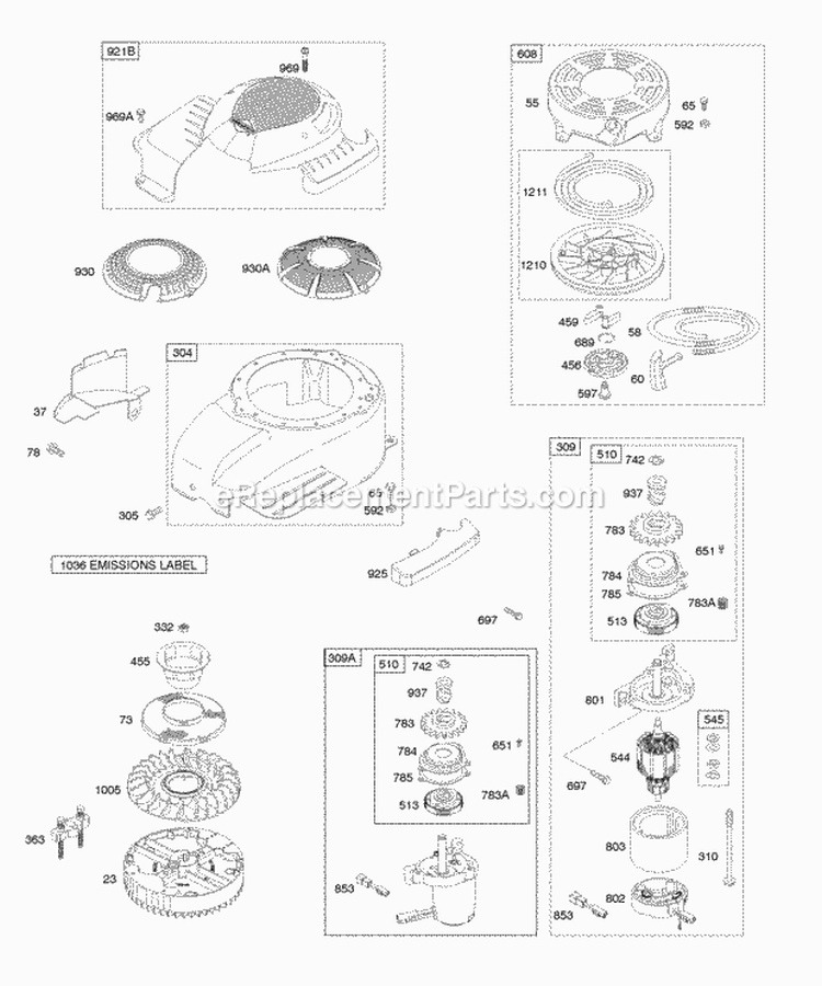 Blower HousingShrouds Electric Starter Flywheel Rewind Starter Diagram and Parts List for 125607-0148-B1  Briggs and Stratton Engine